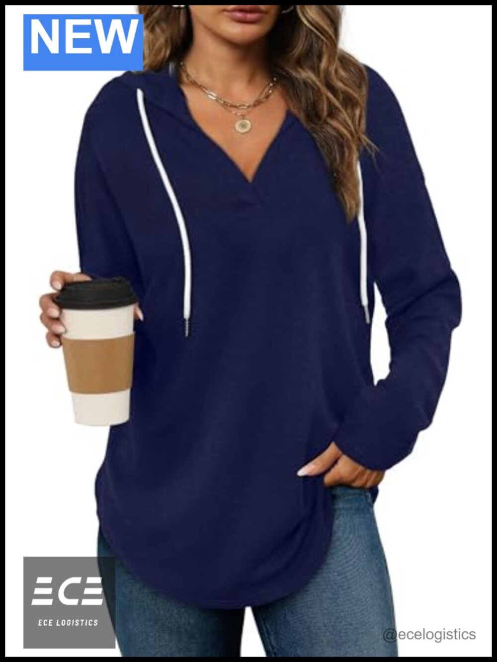 Womens Oversized Pullover Hoodie V Neck Long Sleeve Loose Fit Plaid